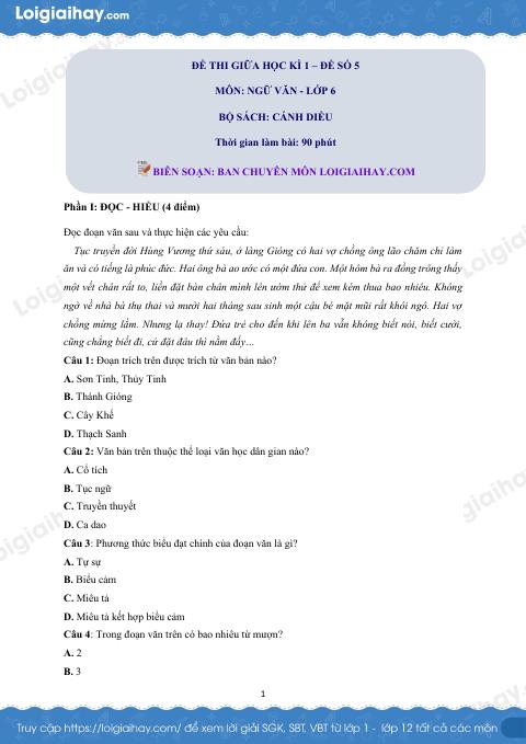 Đề thi giữa kì 1 Văn 6 Cánh diều - Đề số 5